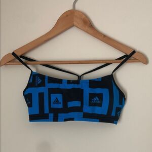 NWOT Womens Adidas SZ S Bars AOP Blue and Black Patterned Swim Top